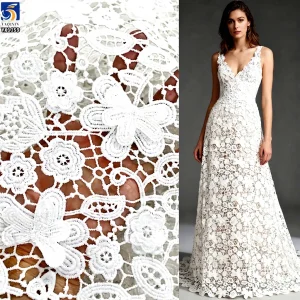 YX1159 100 Polyester 150gsm Water-Soluble Lace Fabrics 3D Embroidered Flowers White Lace Fabric for Apparel-Dress