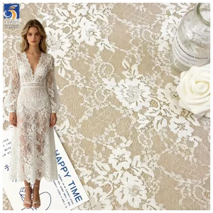 YX1515 Wholesale 100% Polyester White Floral Lace Fabric Chantilly Lace for Bridal Dress Gown and Ladies Dress