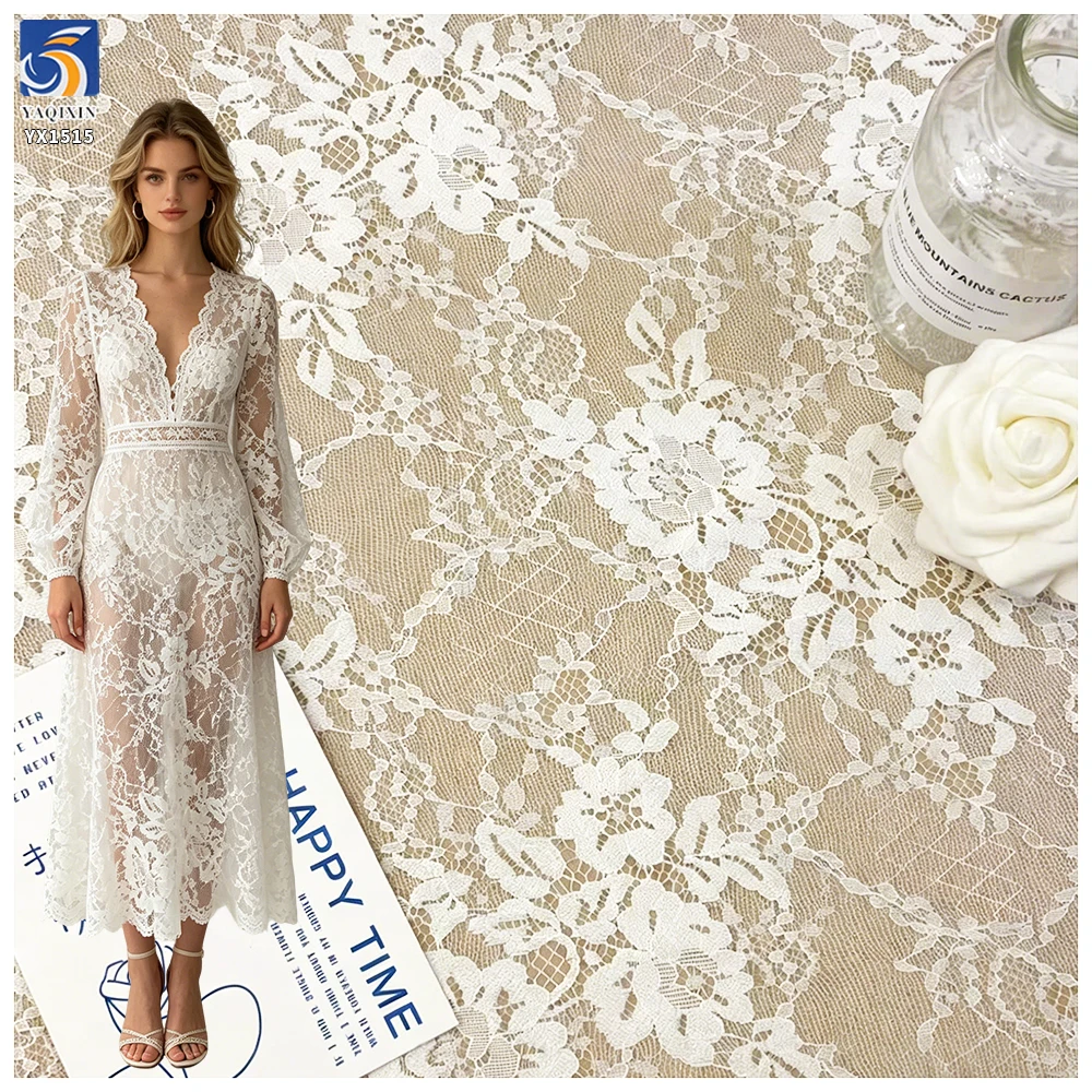 YX1515 Wholesale 100% Polyester White Floral Lace Fabric Chantilly Lace for Bridal Dress Gown and Ladies Dress