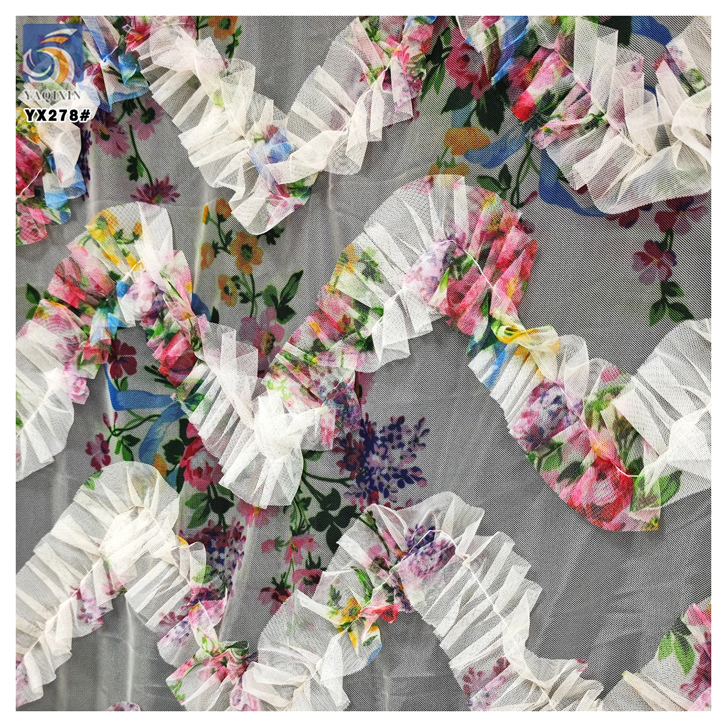 YX278 New Design China 100% Polyester Colorful Digital Printed Mesh Embroidery Pleated Ruffle Tulle Fabric for Tutu - 图片 3