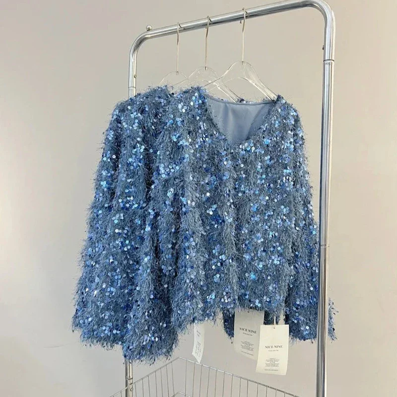 YX836 New Trend Fashion 300gsm Fringed Velvet Fabric With 9mm Sequins Embroidery Mesh Fabric for Women's Tops Clothing - 图片 5