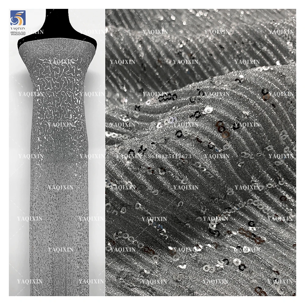 YX1148 130gsm Thick Silver Thread Bright Silk Composite Polyester Knitted Pleated Sequin Fabric 3mm Sequin Fabric for Dress