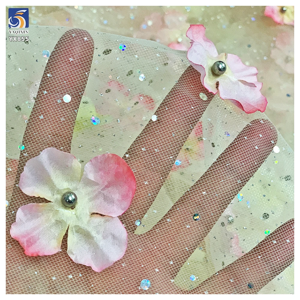 YX855 Beautiful 3D Glitter Tulle Polyester Colorful Butterfly Silver Glitter Mesh Tulle Fabric With Sequins 3D Butterfly - 图片 3