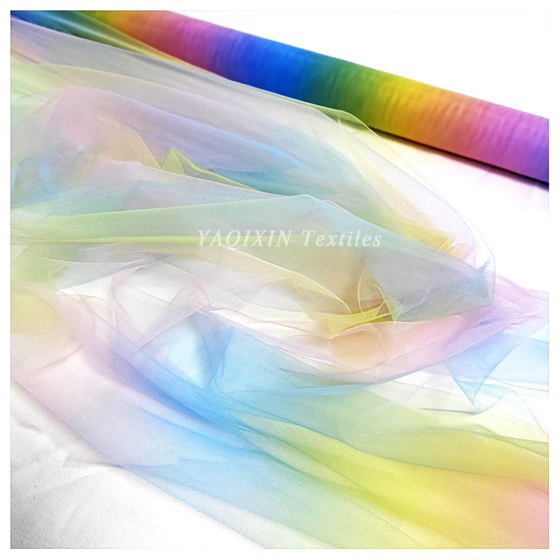 YX2105 Ecofriendly Soft Elastic Tulle Fabric Gradient Ombre 2 Way Stretch Rainbow Digital Print Tulle Mesh Fabric Textile - 图片 5