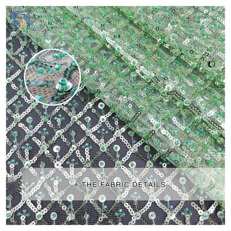 High Quality African Shiny Glitter Tassel Lace Fabric Fashion Sequin Embroidered Checkered Pattern High Quality Tulle Fabric - 图片 5
