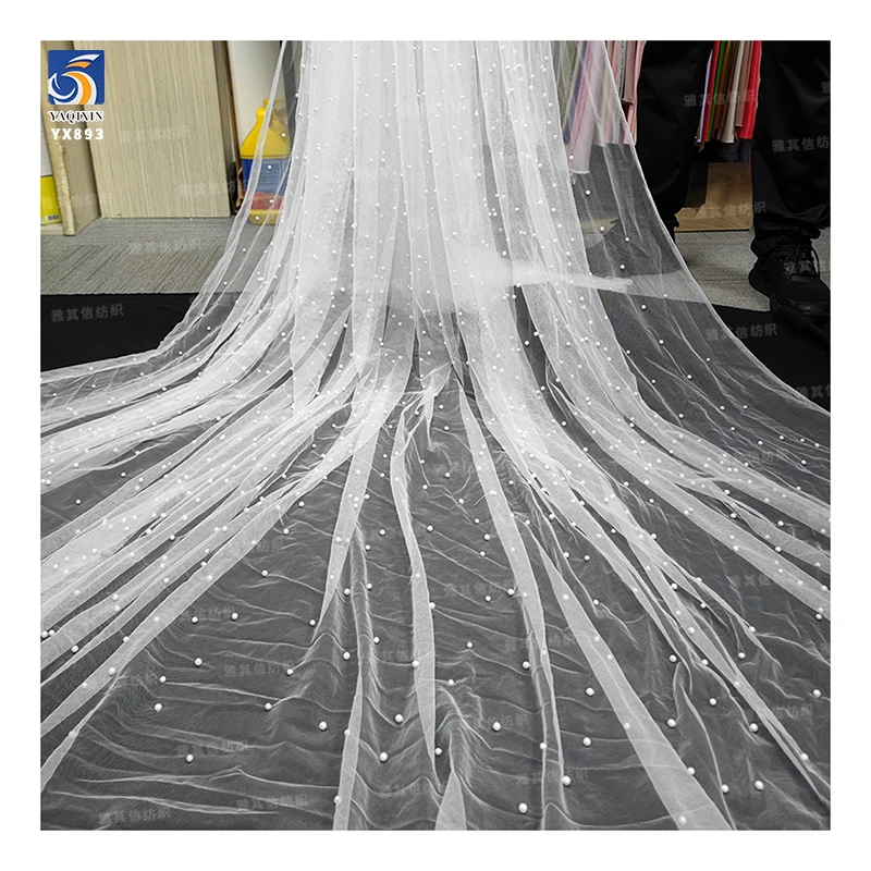 YX893 China Custom 3 Meters White Wedding Tulle Fabric Soft 3D Pearls Tulle Mesh Fabric for Bridal Wedding Veil Dress - 图片 4