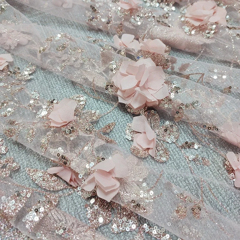 YX2135 Romantic Pink Australian Lace Fabric Bridal 3D Sequins Flower Embroidered Lace Fabric for Clothing Wedding - 图片 5