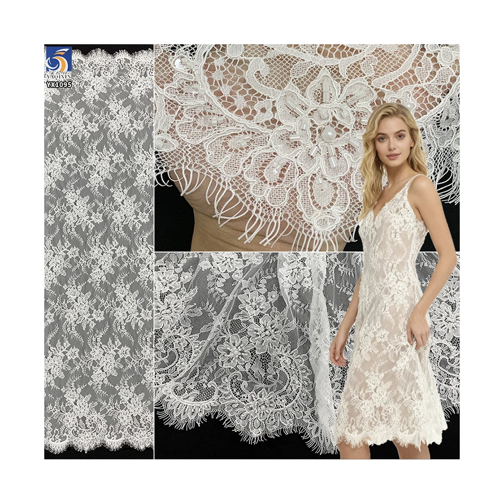 YX1095 Heavy Bridal Lace Fabric Beaded Luxury Fabric in White Polyester Bead Tube Pearl Embroidery Net Mesh Eyelash Lace Fabric