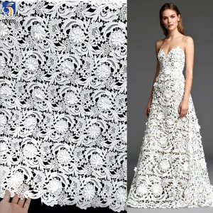 YX1160 High Quality Polyester 3D Embroidery White Water Soluble Lace Fabric Woven 3D Flowers Net Lace Fabric Embroidered