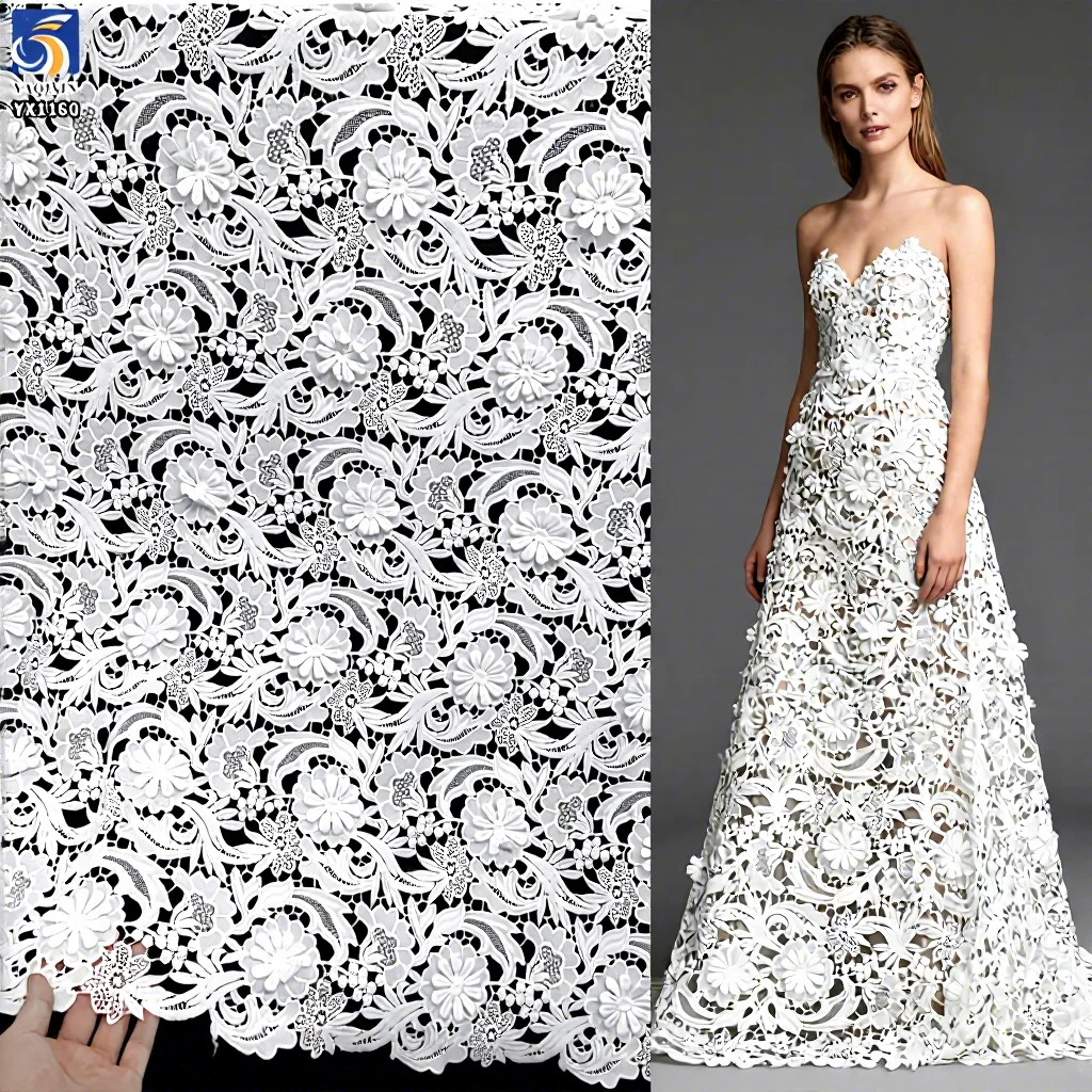 YX1160 High Quality Polyester 3D Embroidery White Water Soluble Lace Fabric Woven 3D Flowers Net Lace Fabric Embroidered