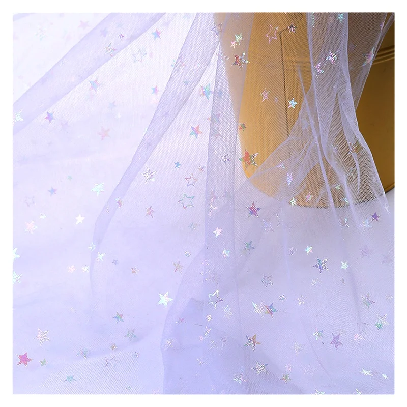DX131 Wholesale 100 Polyester Star Foil Print Shiny Tulle Fabric 30 Yards Cheap Price Tulle Stars Fabric - 图片 5