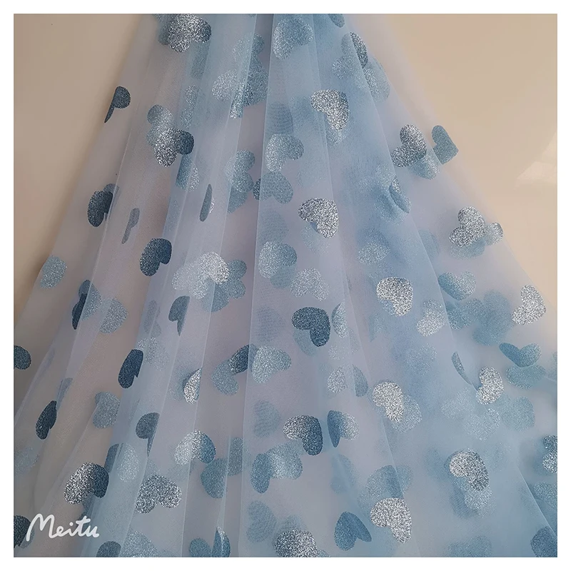 Sweet Pink Love Heart Pattern Glitter Print Tulle Fabric Lace Girl Casual Dress Fabric - 图片 5