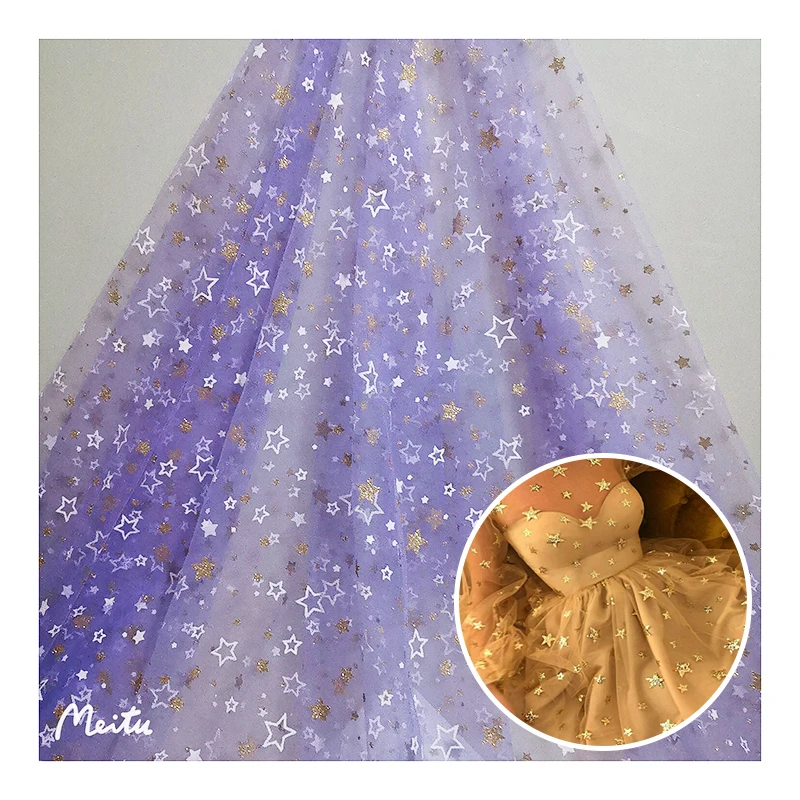 SG34 Purple Soft Tulle Textile Gold Glitter Star Printed Mesh Tulle Fabric for Summer Children's Dress