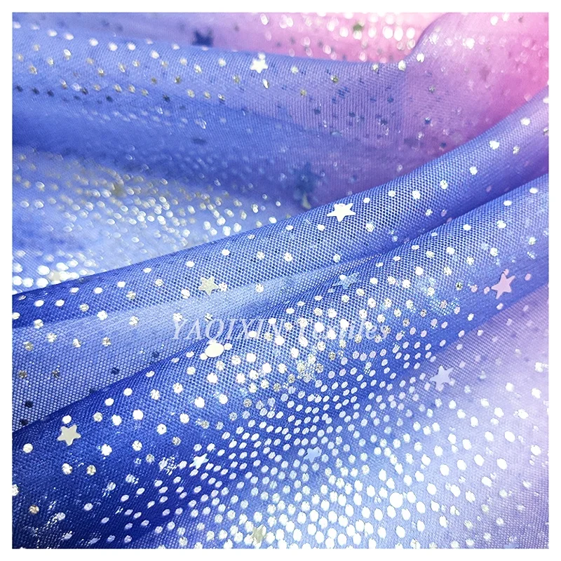 YX2118 Blue Pink Black Three-Color Ombre Tulle Fabric Wedding Dress Iridescent Sequins Dot Star Mesh Tulle Lace Fabric - 图片 3