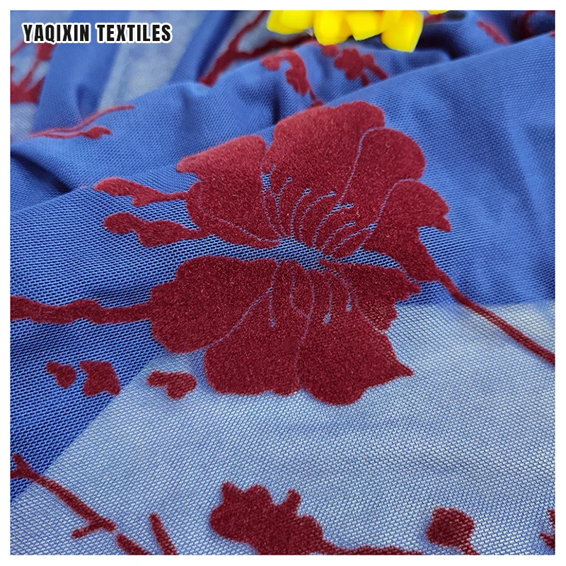 Royal Blue 92 Polyester 8 Spandex 4 Way Stretch Power Mesh Fabric Flocked Red Rose Flower Mesh Lace Fabric 2026 - 图片 5