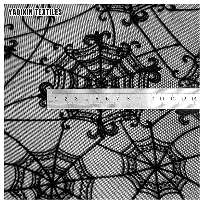Yaqixin Spider Web Shape Design Black Flocked Stretch Mesh Lace Fabric 90 Nylon 10 Spandex Fabric 4Way Stretch - 图片 6