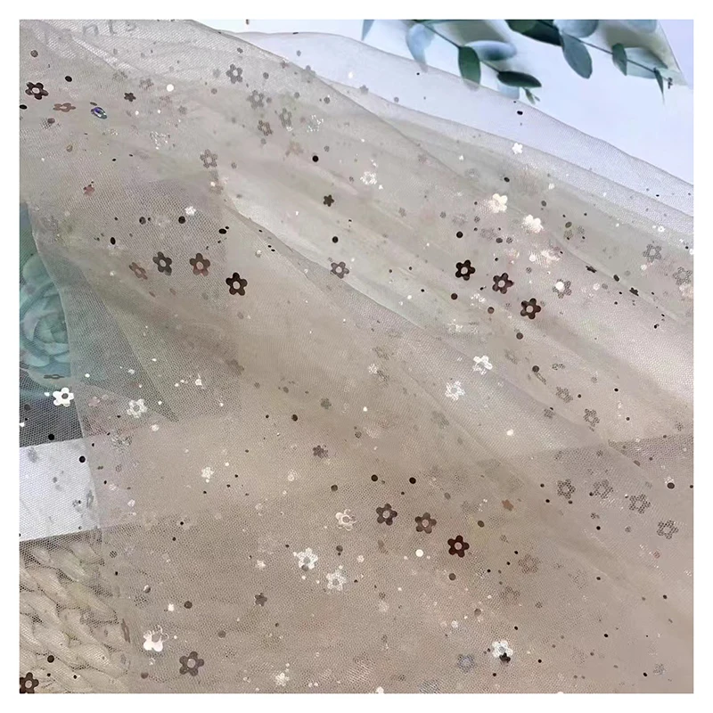 Guangzhou Gold Supplier Tulle 2026 New Arrival Gold Floral Dots Glitter Embroidery Sequin Tulle Mesh Net Fabric