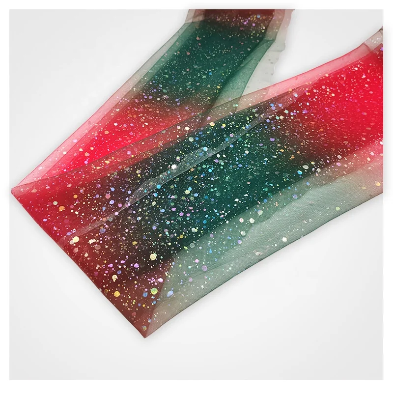 YX2003 2025 Fancy 100% Polyester Christmas Digital Print Tulle Evening Dress Fabric Rainbow Red Green Glitter Mesh Fabric - 图片 5