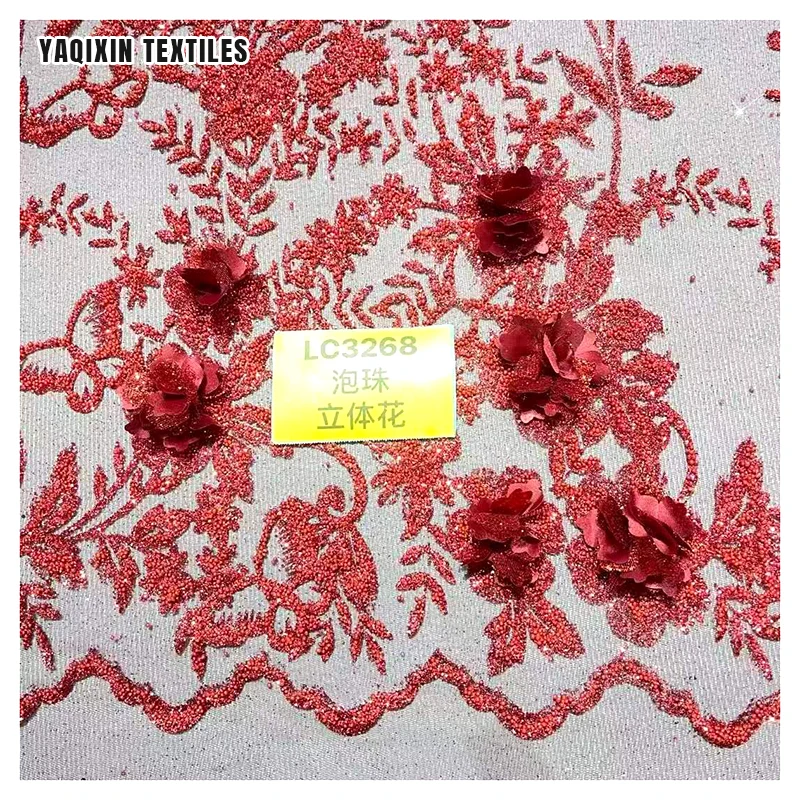 LC3268 Hot Selling 3D Lace Fabric With Wine Red Rose Floral Embroidery Glitter Sparkle Tulle Lace Fabric - 图片 3