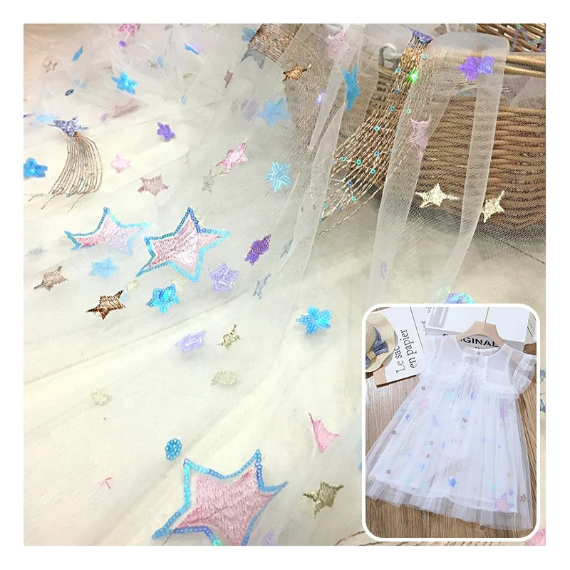 Colorful Five Star Sequin Embroidery Tulle Fabric Sparkly Diy Children's Clothing Embroidery Lace Fabric Baby Fabric - 图片 3