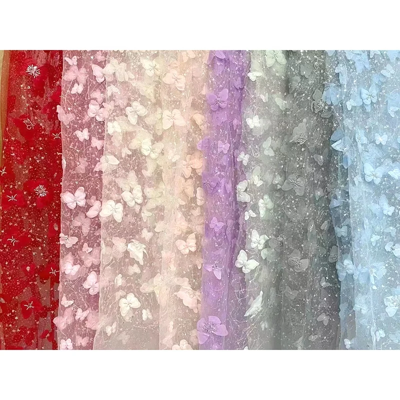 YX2056 2025 New 3D Butterfly Flower Bead Embroidery Tulle Fabric With Sequin Fashion Lace Fabric for Wedding - 图片 6