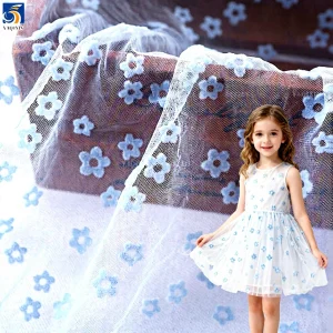 Girls Skirt Floral White Flocked Print 100%Nylon Mesh Fabric Tulle Roll Fabric Textile Wholesaler