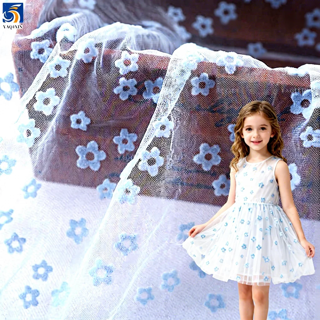 Girls Skirt Floral White Flocked Print 100%Nylon Mesh Fabric Tulle Roll Fabric Textile Wholesaler