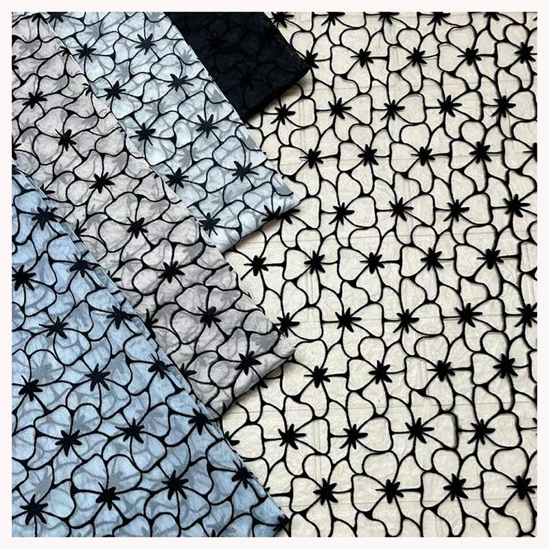 DX163 Fashionable Floral 100% Polyester Black Flocked Tulle Mesh Fabric With Flocking Velvet - 图片 6