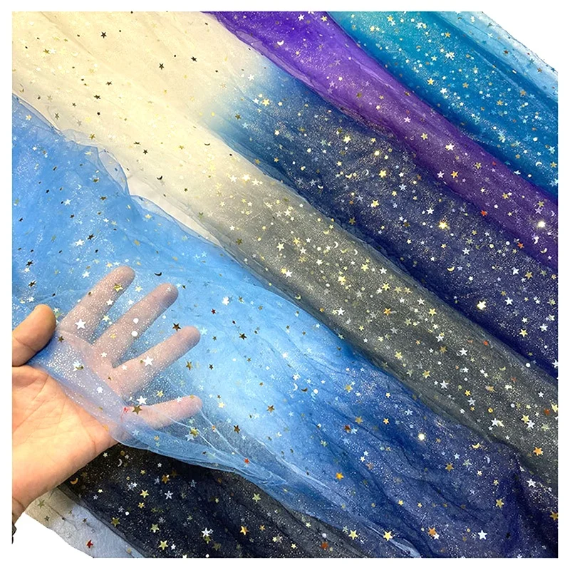 YX2012 High Quality Rainbow Colored Shiny Sequin Bridal Illusion With Stars Wedding Dress Lace Tulle Fabric - 图片 5