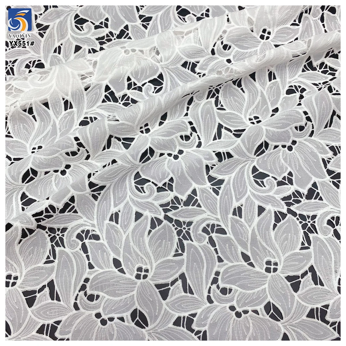 YX551 2025 Custom Dyed White Lotus Leaf Embroidered Fabric 100% Polyester Milk Silk Lace Embroidery Fabric - 图片 5