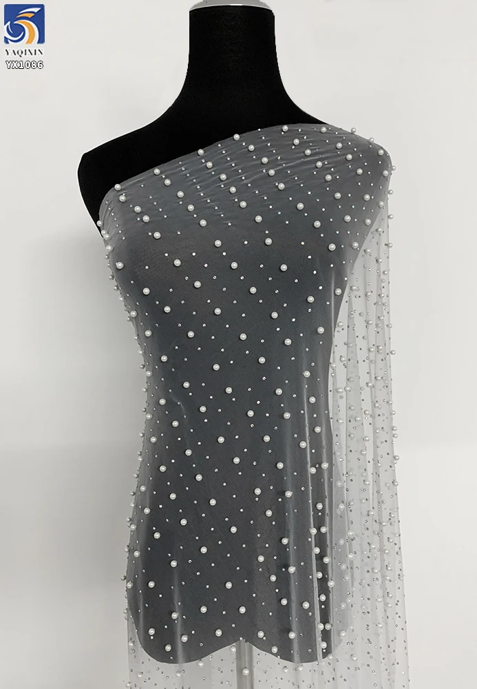 Luxurious Bead Wedding Tulle Mesh Lace Fabric with Pearl Diamond High Quality Handcrafted Dense 3D Beads - 图片 4