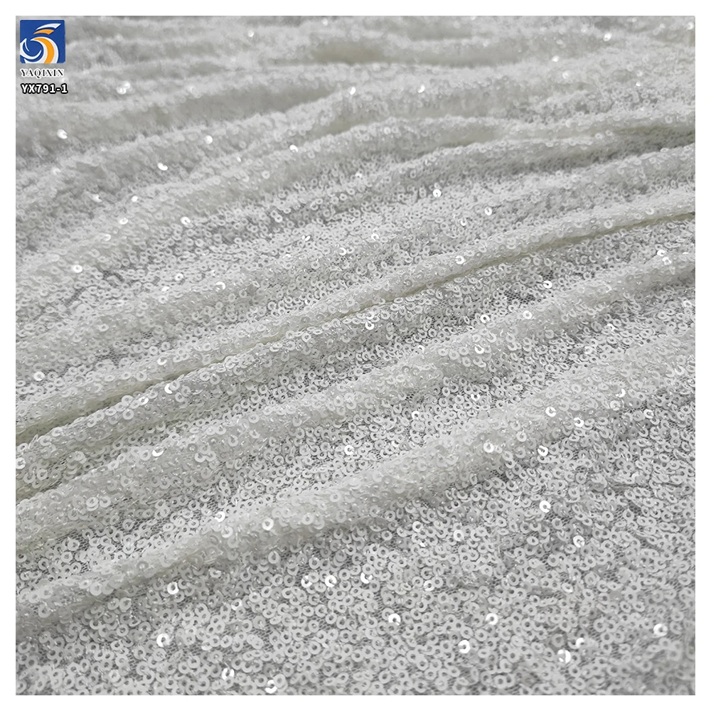 YX791-1 Full of 3mm Sequins Bright White Porcelain White Fabrics Stretch Sequin Fabric for Wedding Women's Dresses - 图片 5