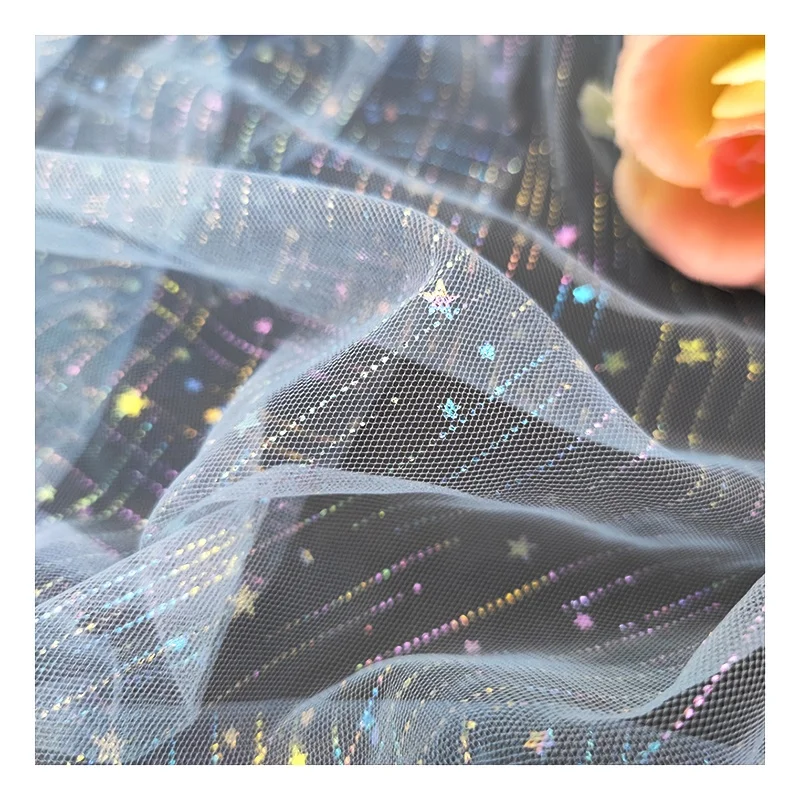 Lace Fabric Sky Blue Mesh Glitter Tulle Lace Fabric with Colorful Shooting Star for Baby Tutu Dress Fabric - 图片 3