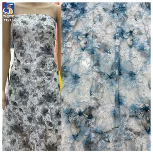 YX745 High Quality Good Quality Blue and White Floral-Print Spandex Stretch Chantilly Lace Mesh Fabric for Dress/Skirts