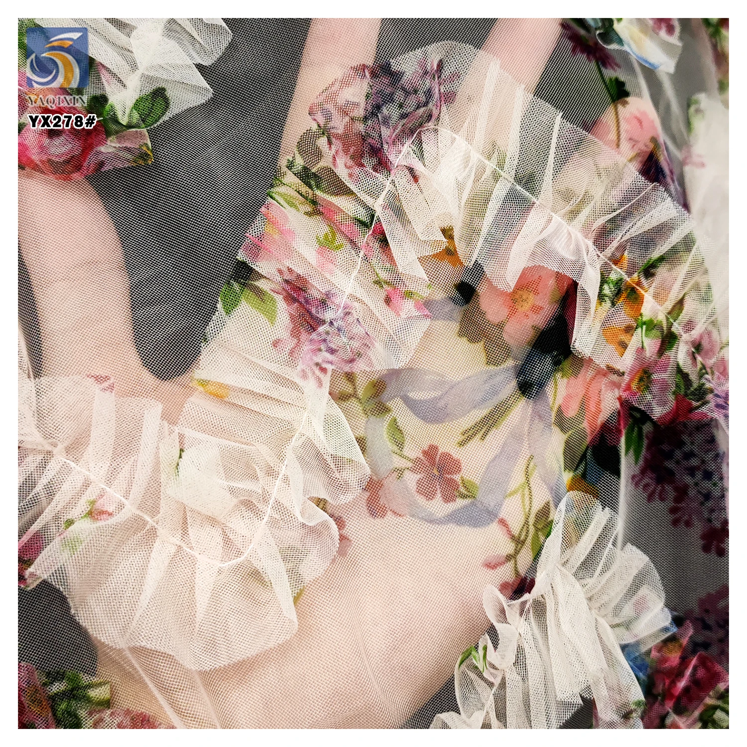 YX278 New Design China 100% Polyester Colorful Digital Printed Mesh Embroidery Pleated Ruffle Tulle Fabric for Tutu - 图片 6