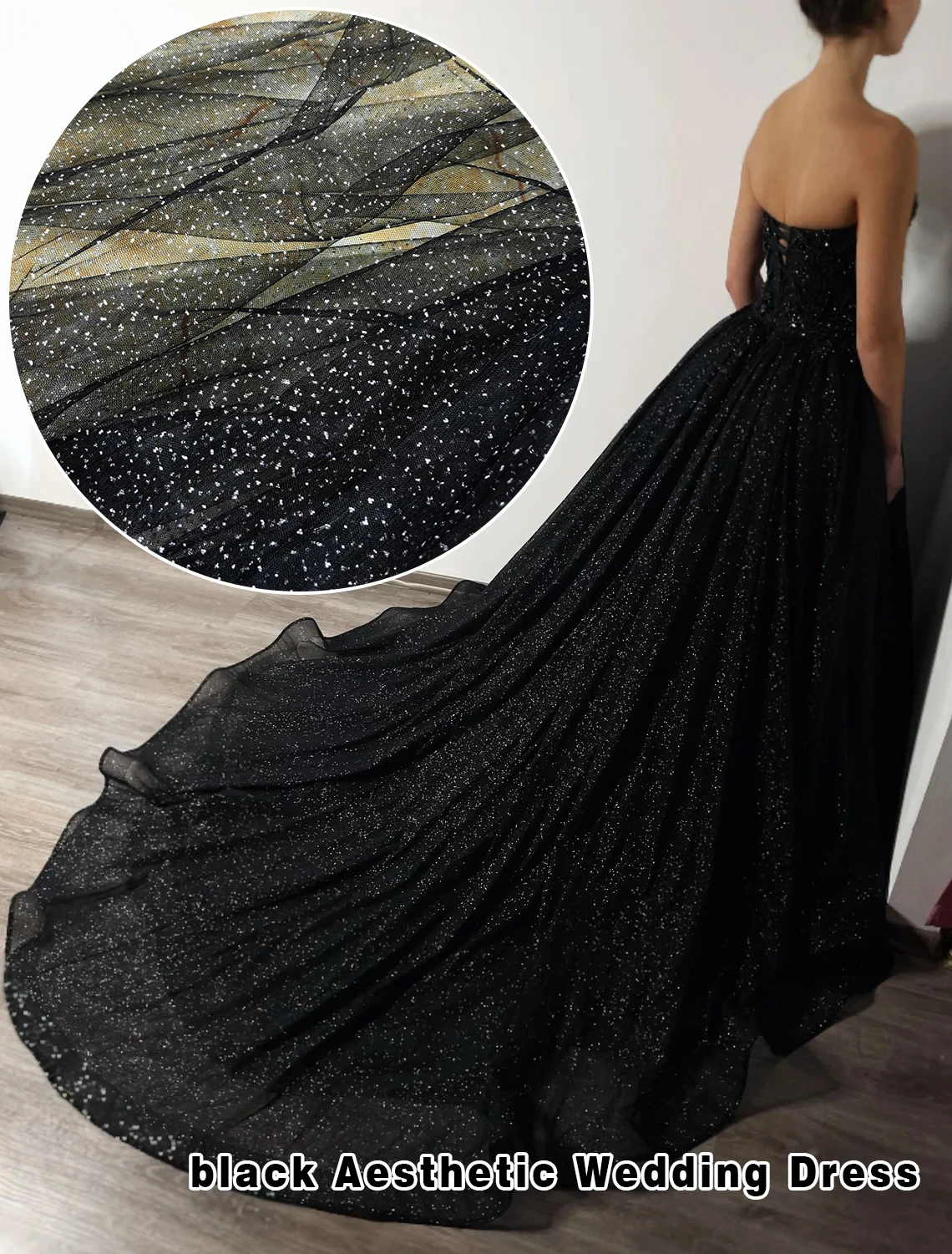YX468 No Falling Sparkle Glitter Tulle Wedding Polyester Black Hard Tulle Mesh Fabric With Glitter Dust - 图片 5