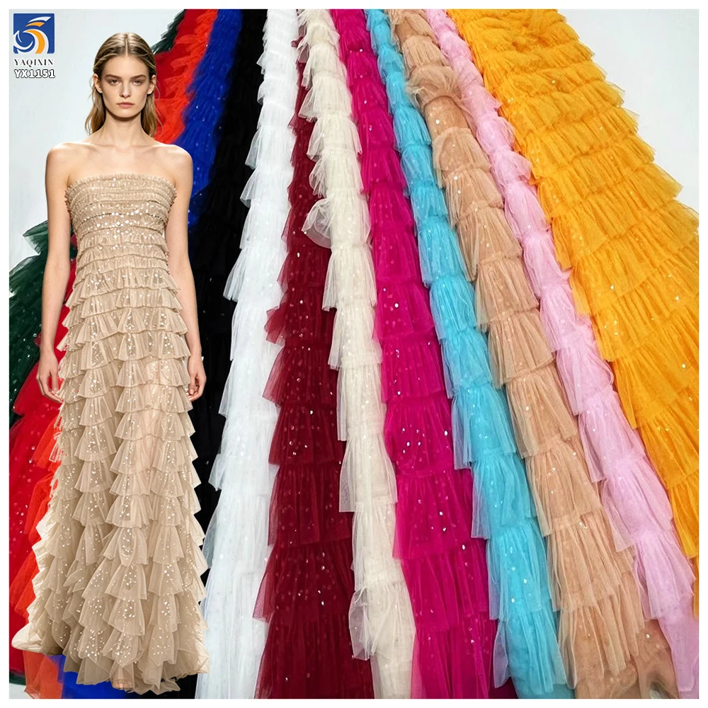 YX1151 High-Quality 200gsm Knitting 3D Red Tulle Puffy Skirt Fabric With Sequins Tulle for Girls' Princess Dress 5 Yards