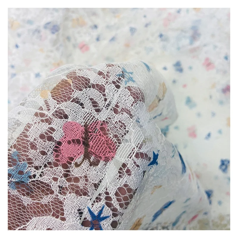2025 Novel Design Jacquard Digital Printed Chantilly Lace Fabric Colorful Butterfly Print for Clothing Dress & Wedding Use - 图片 4
