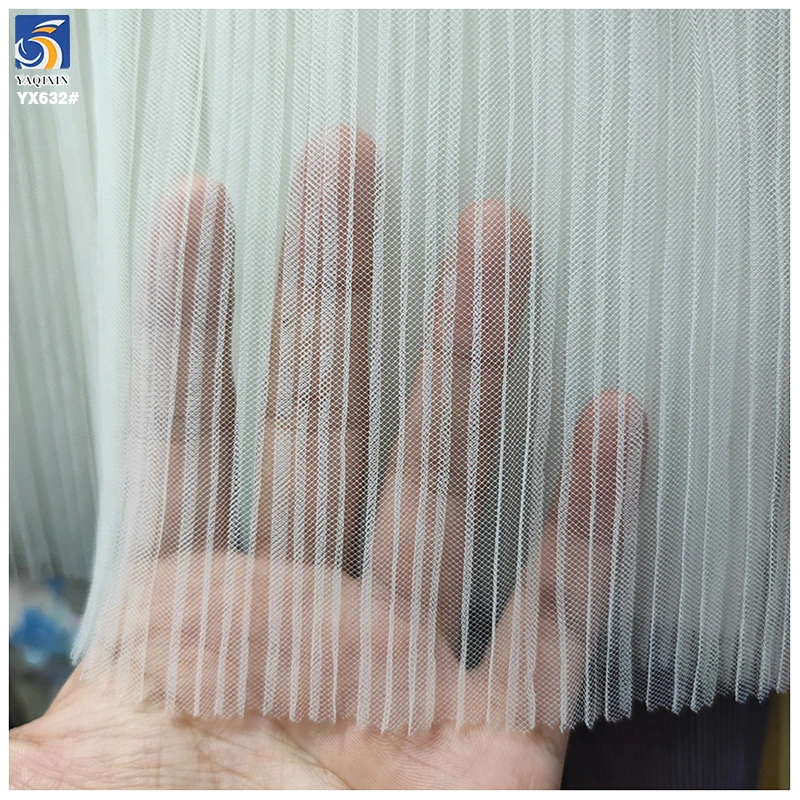 YX632 Custom L-shaped Toothpick Soft 100 Polyester Knitted 3mm Pleated White Mesh Tulle Fabric for Bridal Veil - 图片 5