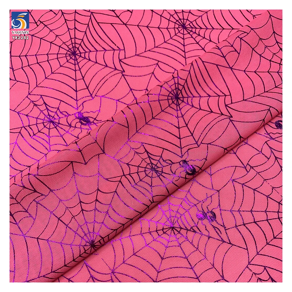 YX2282 Purple 4 Way Stretch Spandex Nylon Power Net Mesh Fabric Printed Glitter Spider Web Mesh Halloween Clothing Fabric - 图片 3