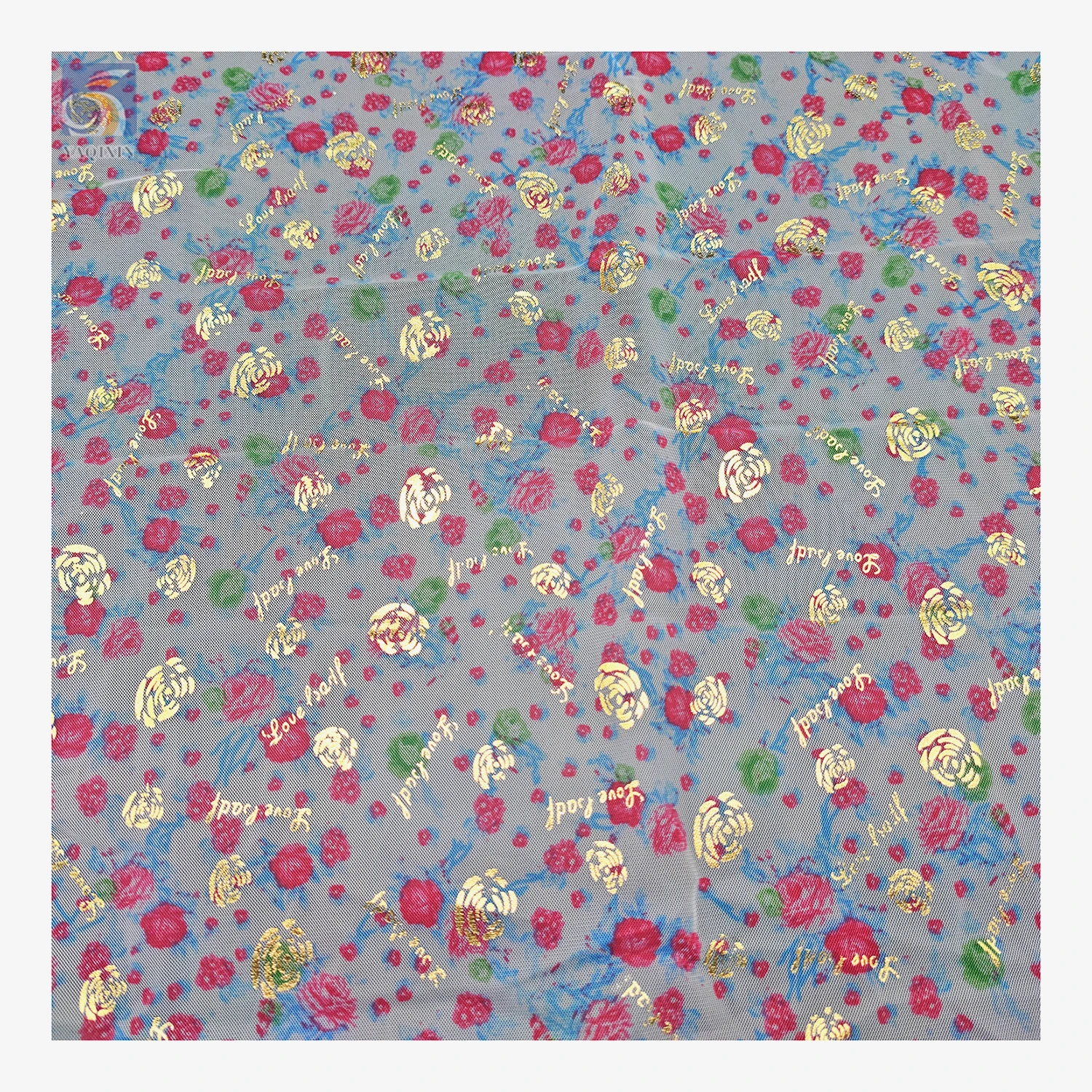 KT20 New Fashion Glitter Rose Flower Gold Printed Tulle Mesh Fabric with Digital Print Floral Tulle - 图片 4