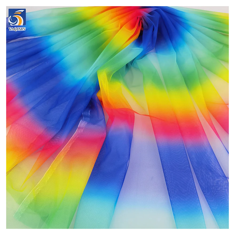 YX2105 Ecofriendly Soft Elastic Tulle Fabric Gradient Ombre 2 Way Stretch Rainbow Digital Print Tulle Mesh Fabric Textile - 图片 3