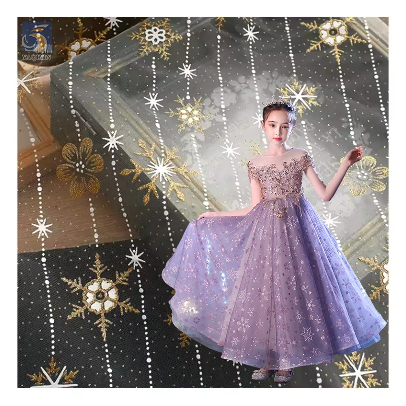 Sprinkle Gold Mesh Clothing Lace Fabric Snowflake Star Print Tulle Mesh Fabric for Christmas DIY Doll Clothing Dress
