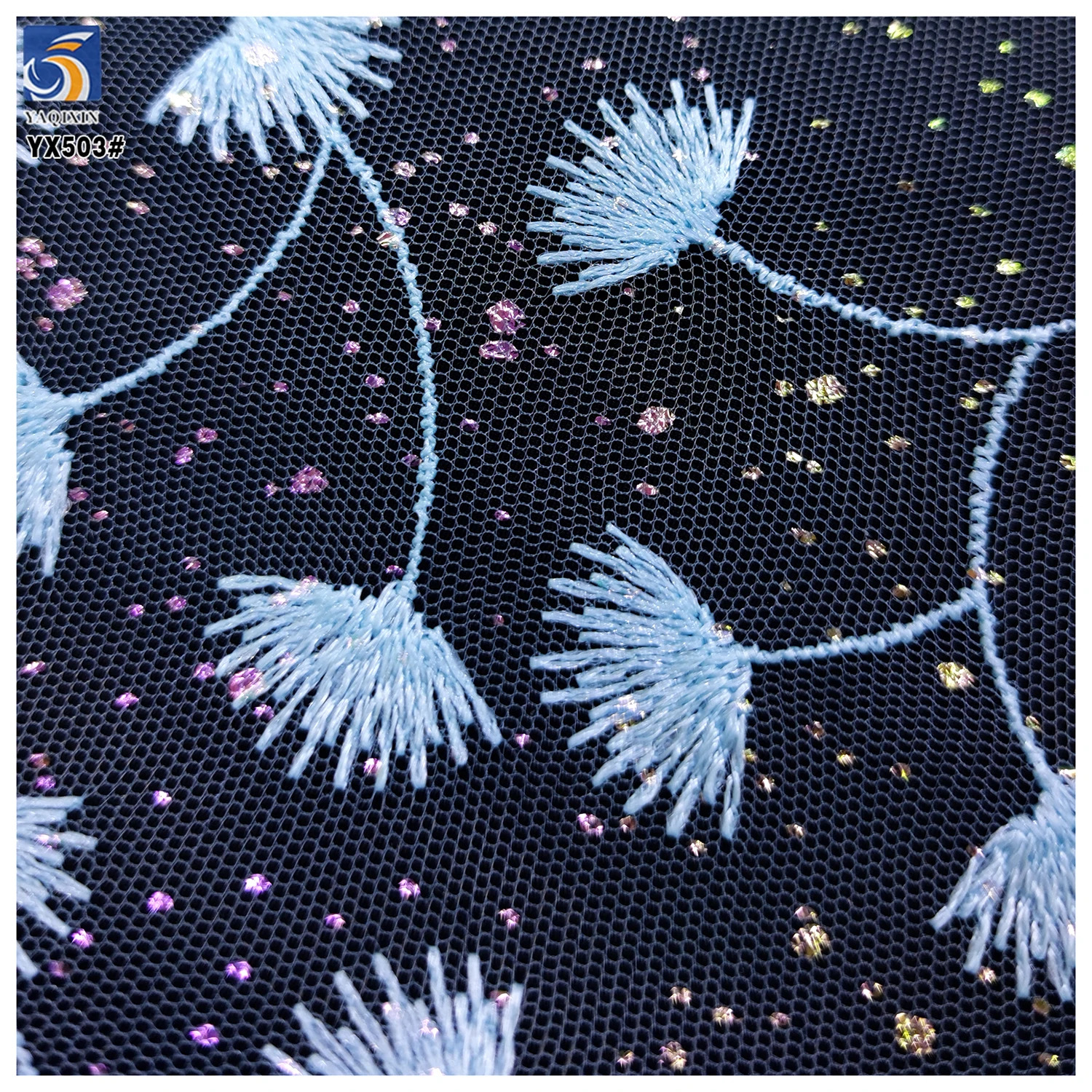 YX503 Custom Maple Leaf Pattern Polyester Embroidered Mesh Net Fabric With Gold Pink Sparkle Glitter - 图片 5
