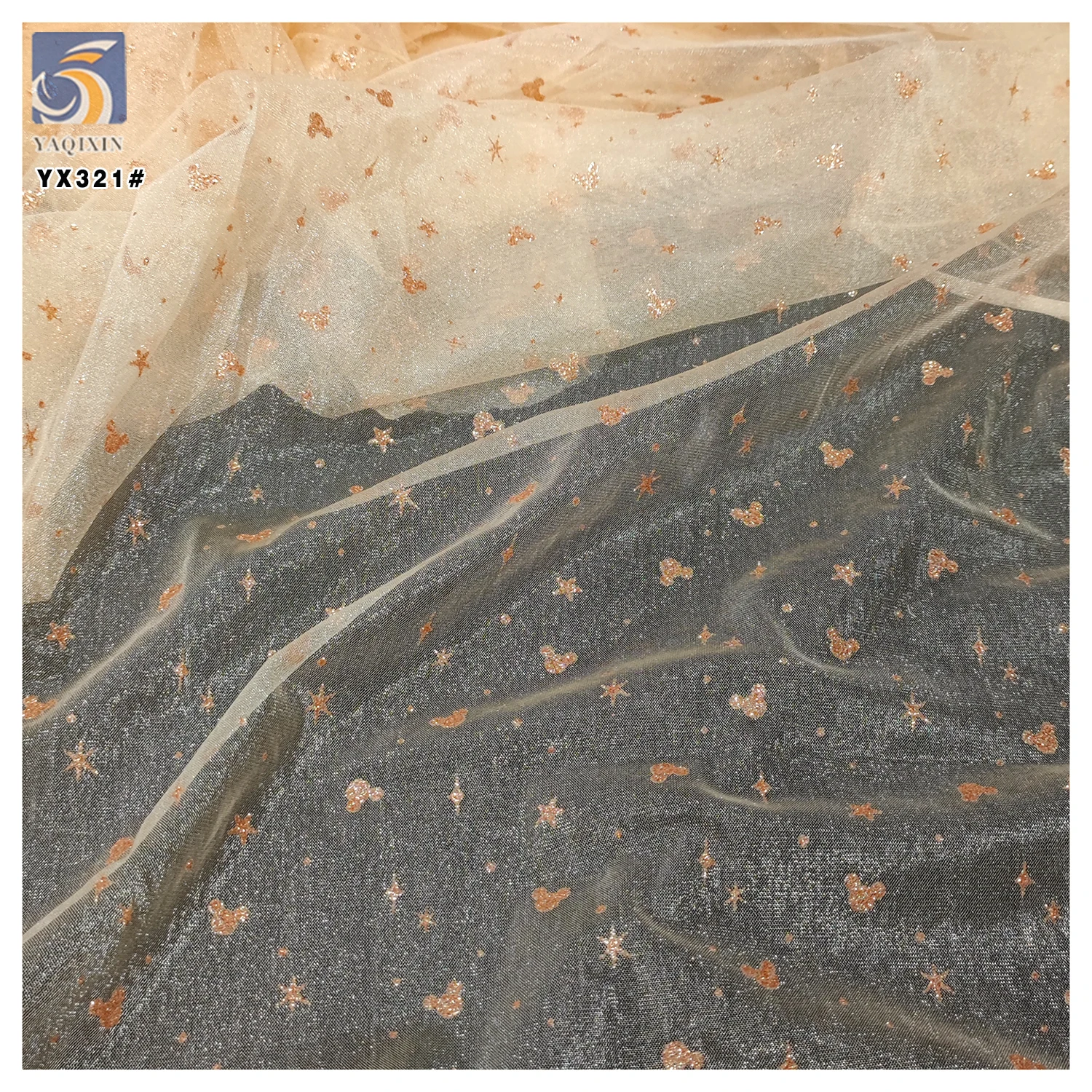 YX321 Latest Design 100% Polyester Glossy Tulle with Glitter Dust and Mickey Star Pattern Mesh Tulle Fabric - 图片 4