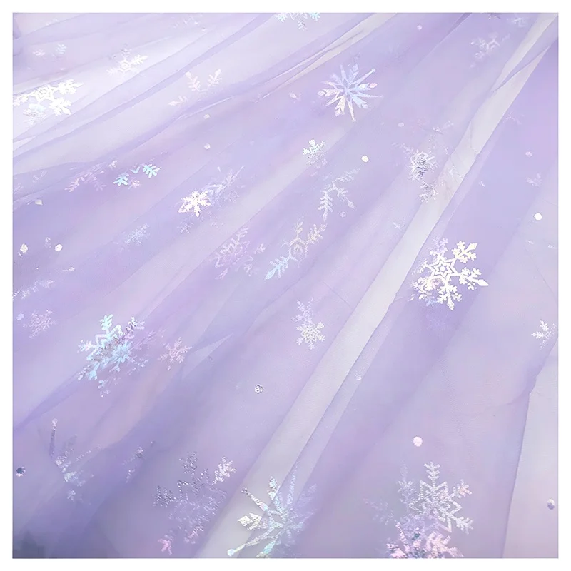 New Design Colorful Foil Printing Winter Snowflake Printed Christmas Fabric Polyester Tulle Mesh Fabric 63 Inch 20gsm - 图片 3