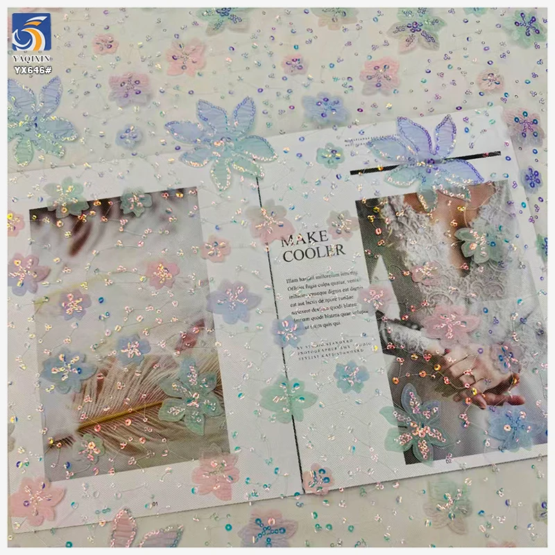 YX646 2025 New Fashion Ombre Mesh Fabric 3D Embroidery Gradient Flower Sequins Tulle Fabric for Girls Dresses - 图片 4