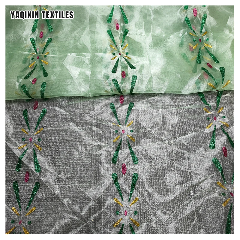 YX2241 Green Polyester Transparent Glitter Organza Fabric Custom Princess Anna Dress Baby Girl Clothing Skirts Fabric - 图片 6