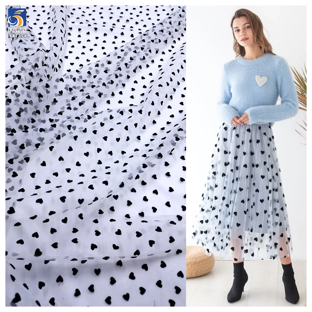 YX735-1 2026 Heart-Shaped 100% Polyester Flocked Tulle Mesh Fabric Knitted Mesh Net Fabric for Lingerie Skirts - 图片 5