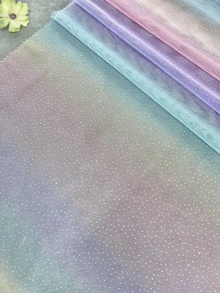 YX154 Pastel Rainbow Colour Stripe Gradient Fabric Mesh Ombre 100% Polyester Tulle Rainbow Fabric With Glitter Dust - 图片 6